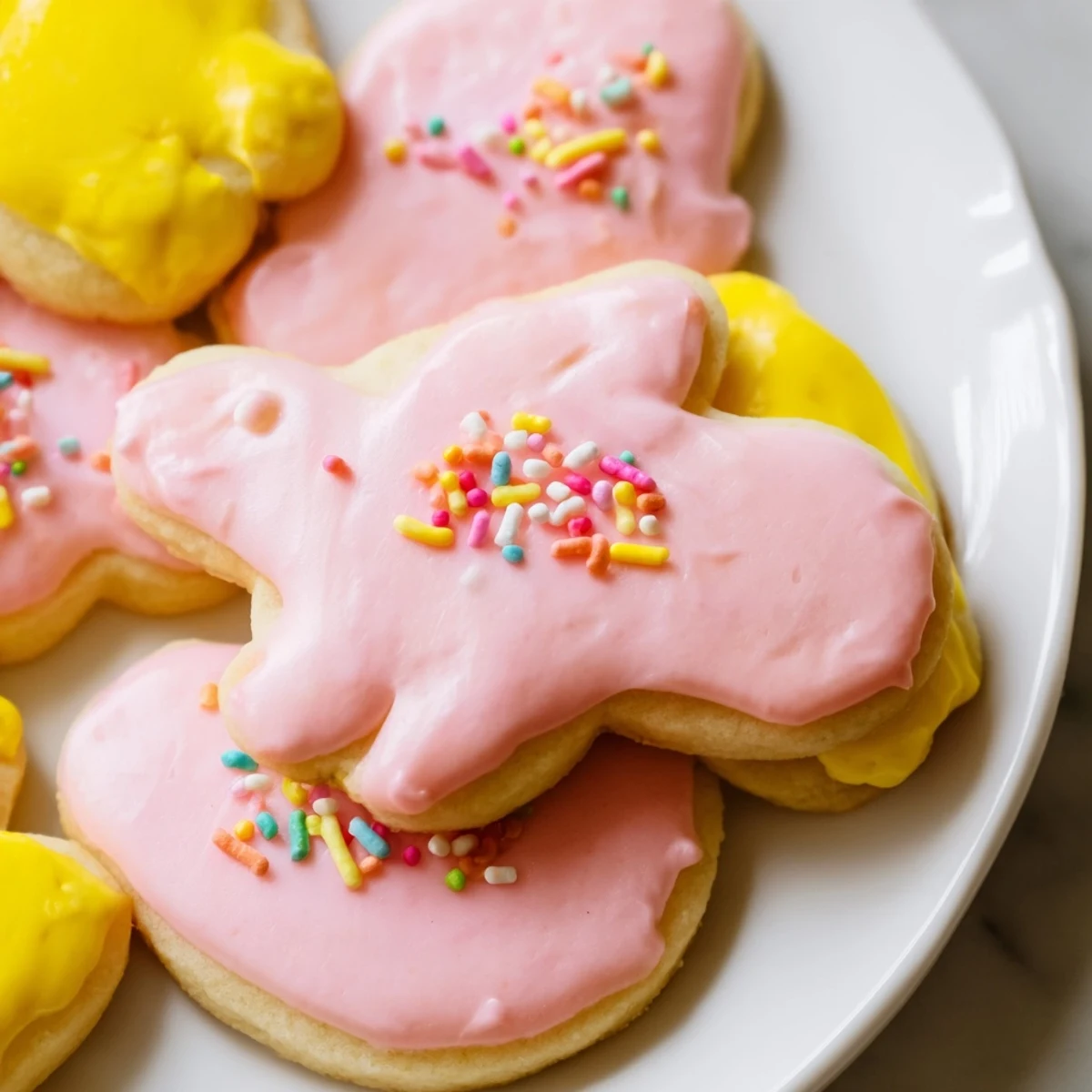 Colorful Spring Easter cookies featuring bunny and egg shapes adorned with festive rainbow sprinkles