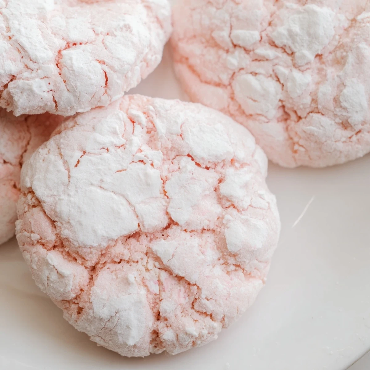Soft pastel crinkle cookies with snowy powdered sugar coating on rustic wooden surface