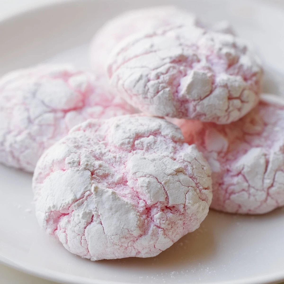 Chewy pastel crinkle cookies showing beautiful cracked tops dusted with white powdered sugar