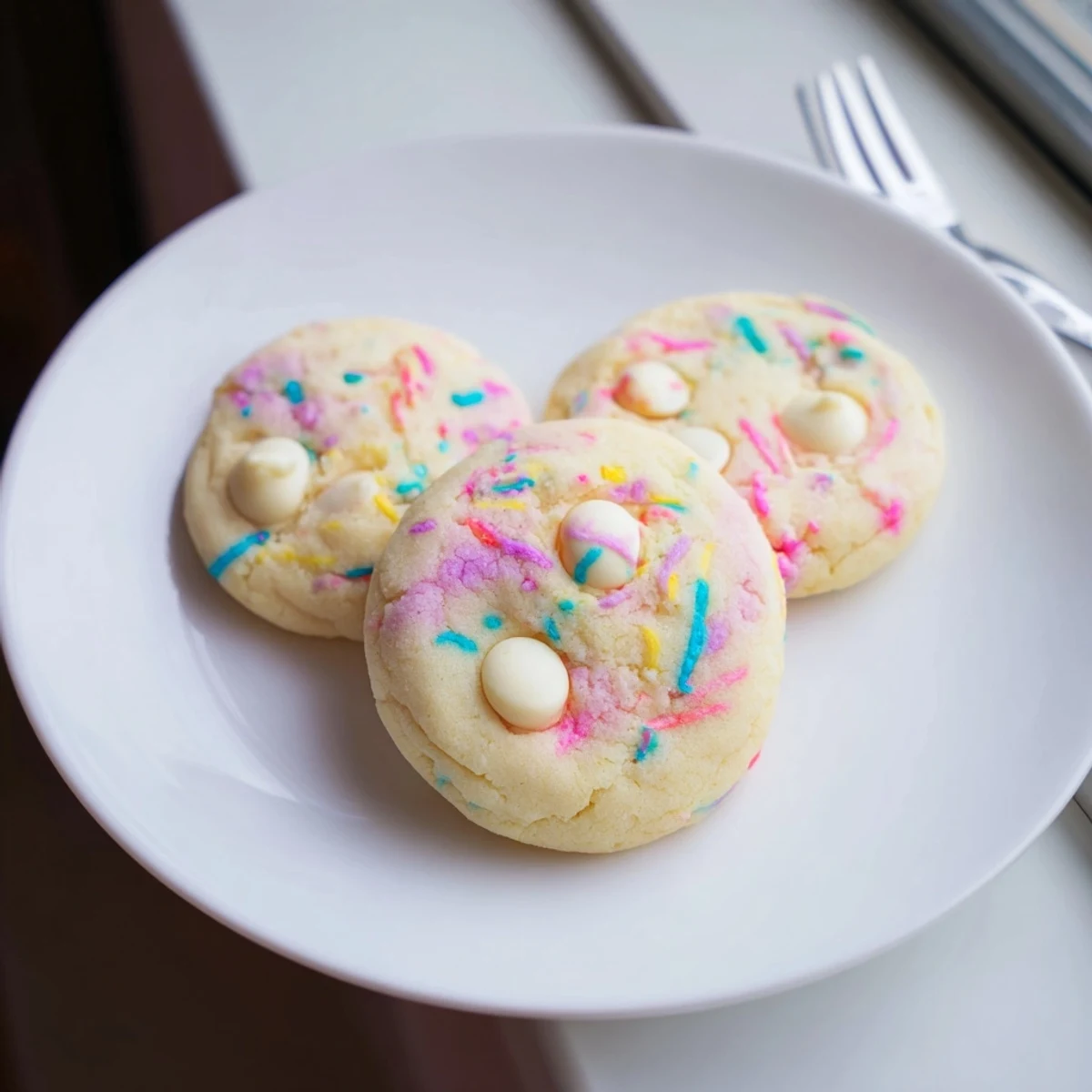 Soft pastel white chocolate cookies with creamy chips and colorful sprinkles on rustic baking sheet