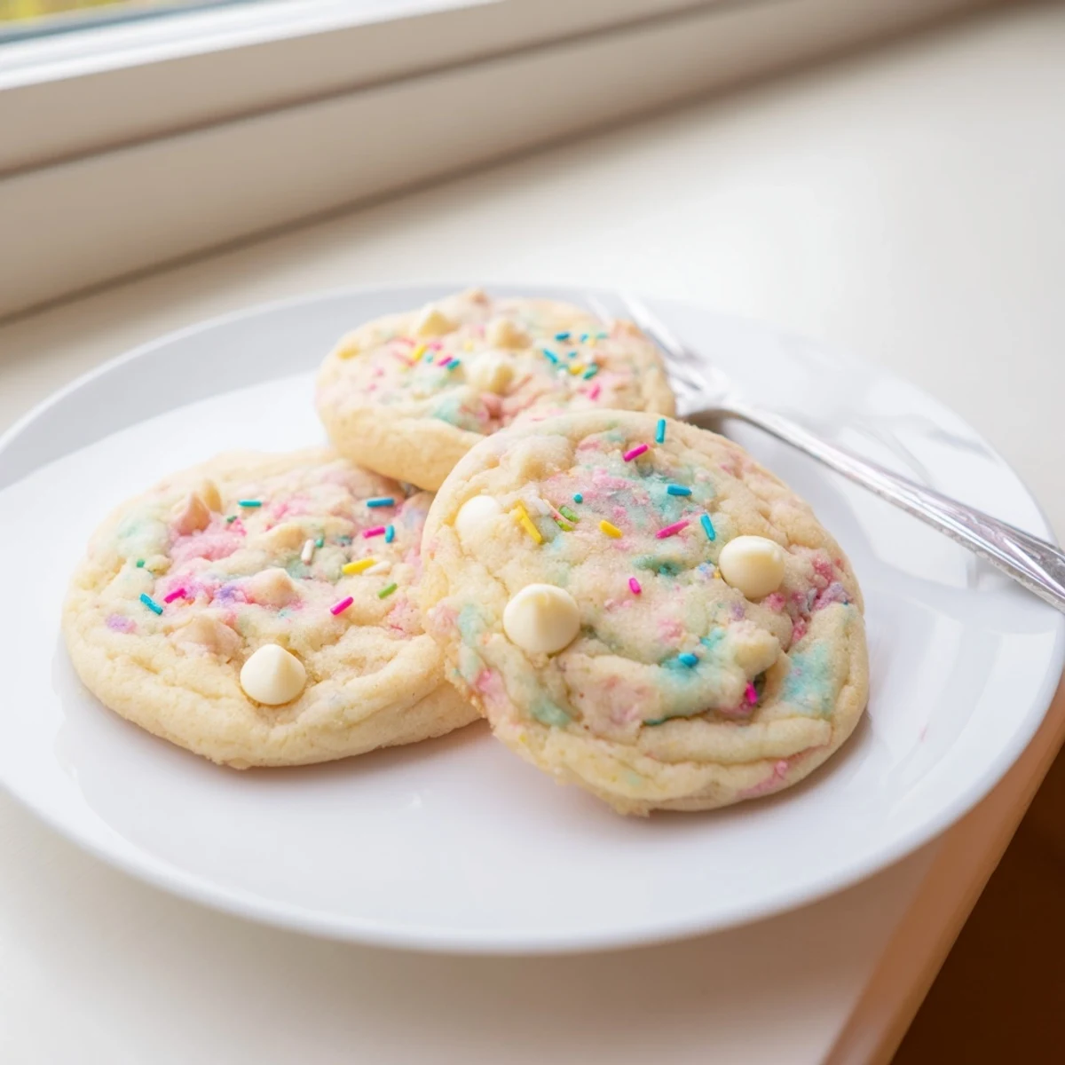 Chewy pastel white chocolate cookies topped with melted morsels and festive Easter sprinkles displayed