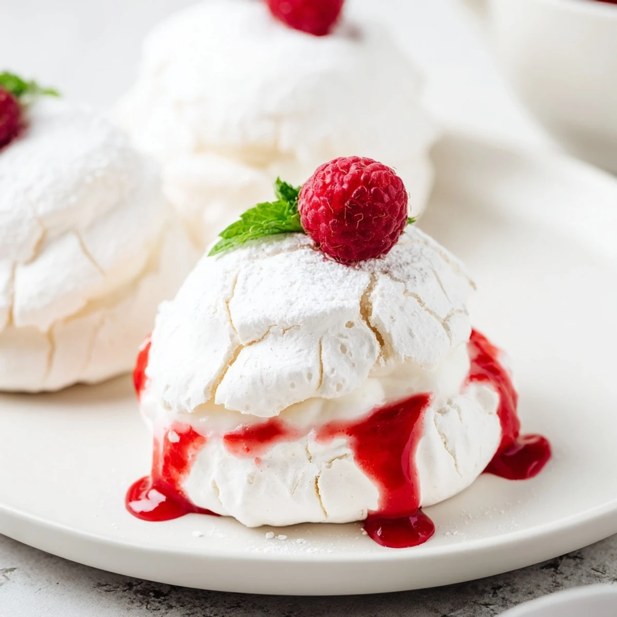 Crisp Pavlova bombs with whipped cream filling and vibrant raspberry coulis drizzled on top