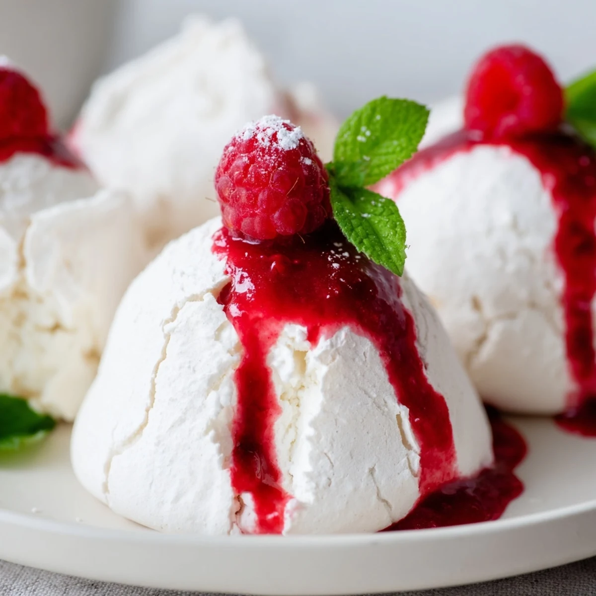 Golden meringue Pavlova bombs topped with fluffy cream and tangy red raspberry sauce