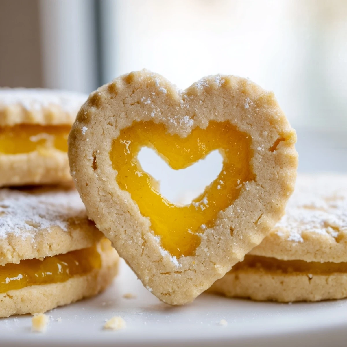 Meyer lemon curd Linzer cookies with powdered sugar dusted cutout tops on rustic white plate