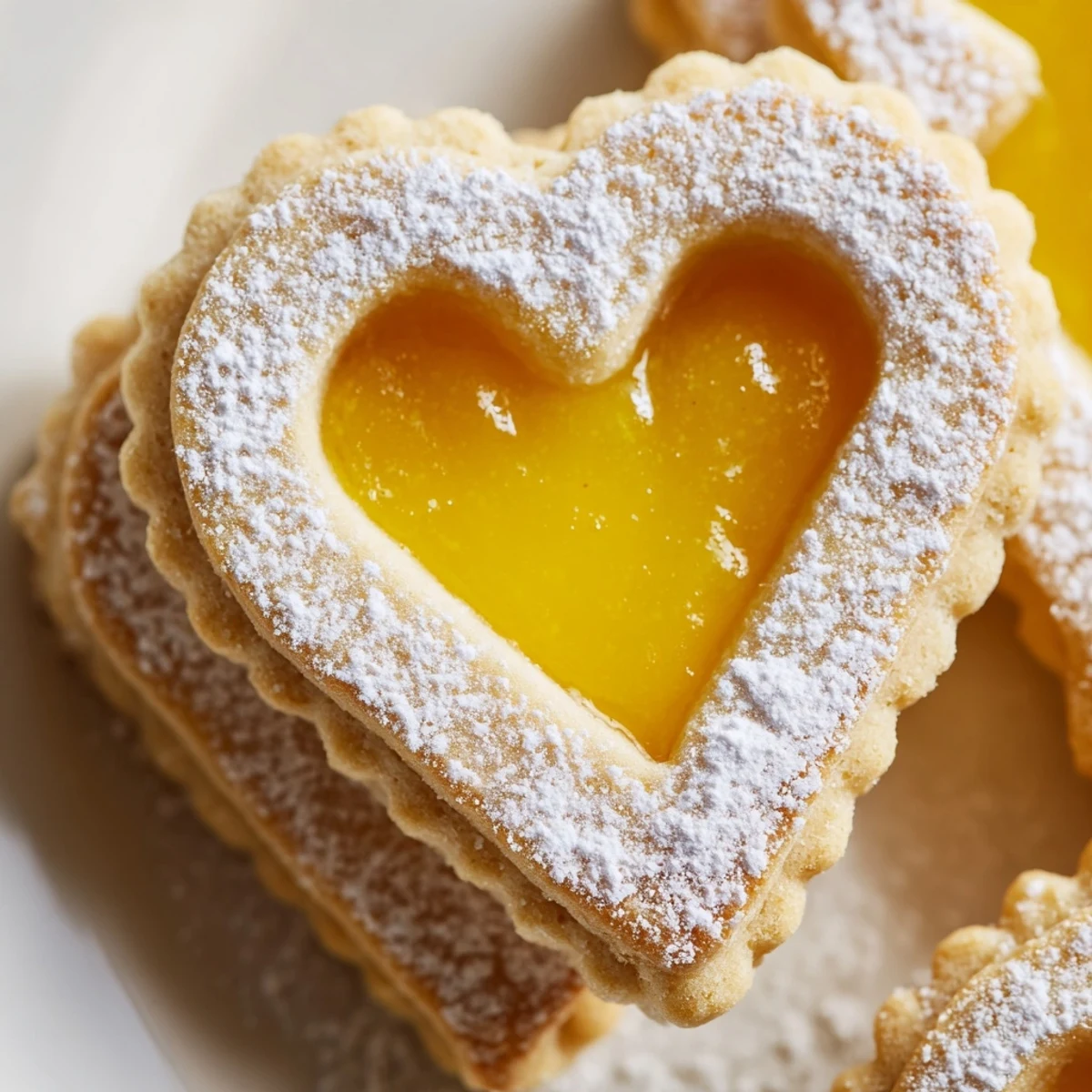 Delicate almond Meyer lemon curd Linzer cookies showing bright golden filling through decorative heart windows