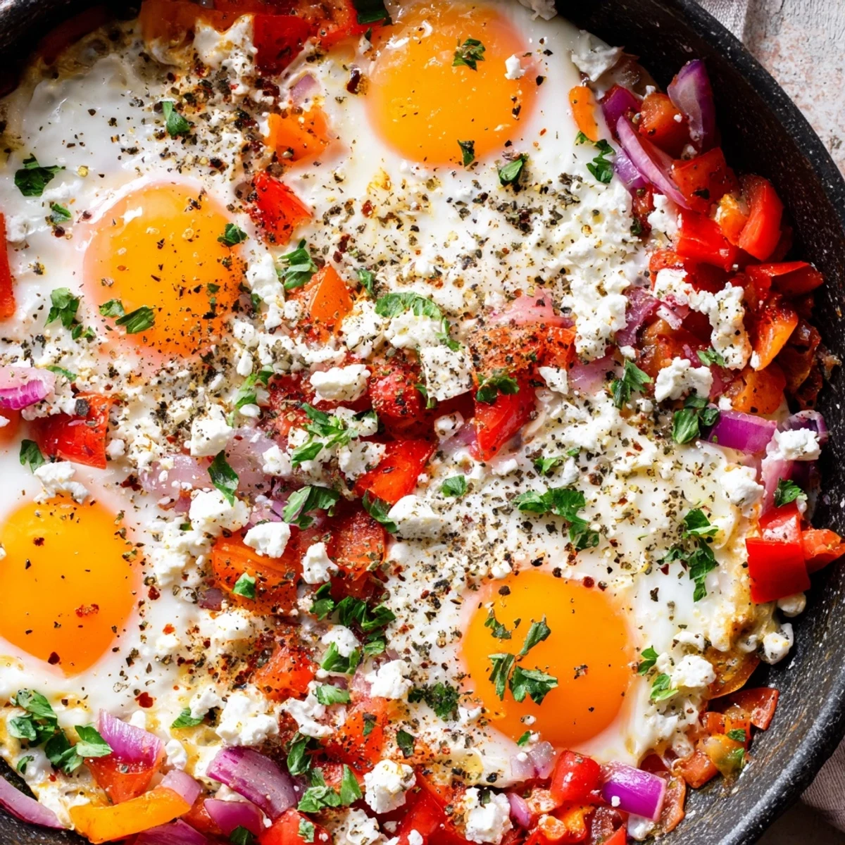 Creamy baked feta eggs with roasted vegetables and herbs in a cast iron skillet