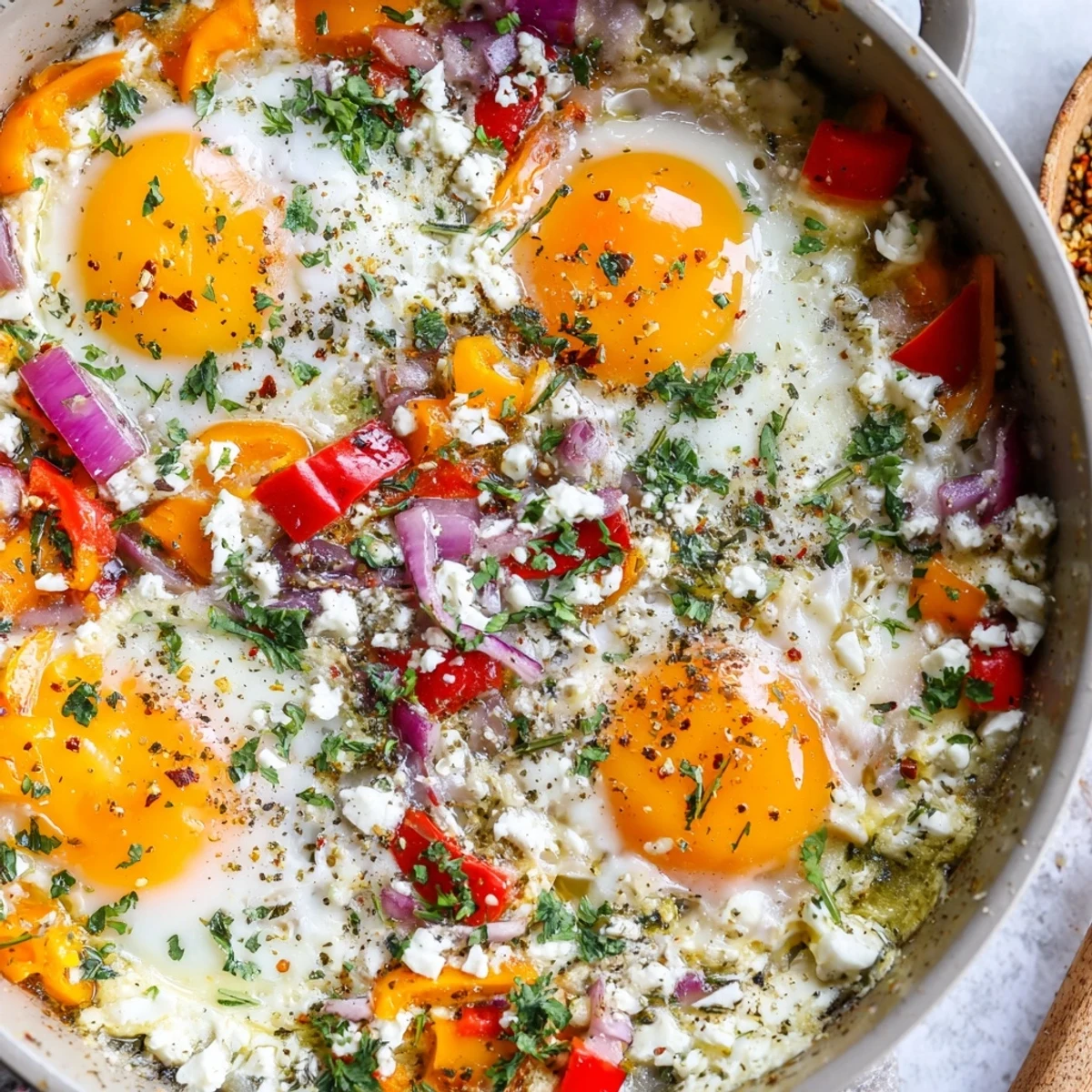 Golden egg yolks nestled in tangy feta cheese with sautéed peppers and tomatoes