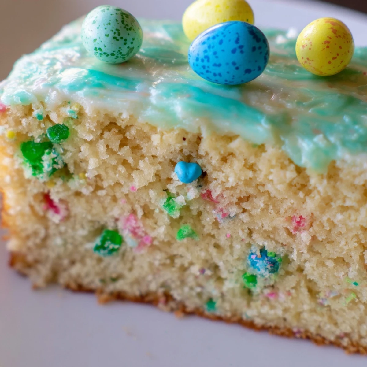 Robin Egg Snack Cake with pastel glazed topping and colorful candy-coated chocolate eggs scattered throughout