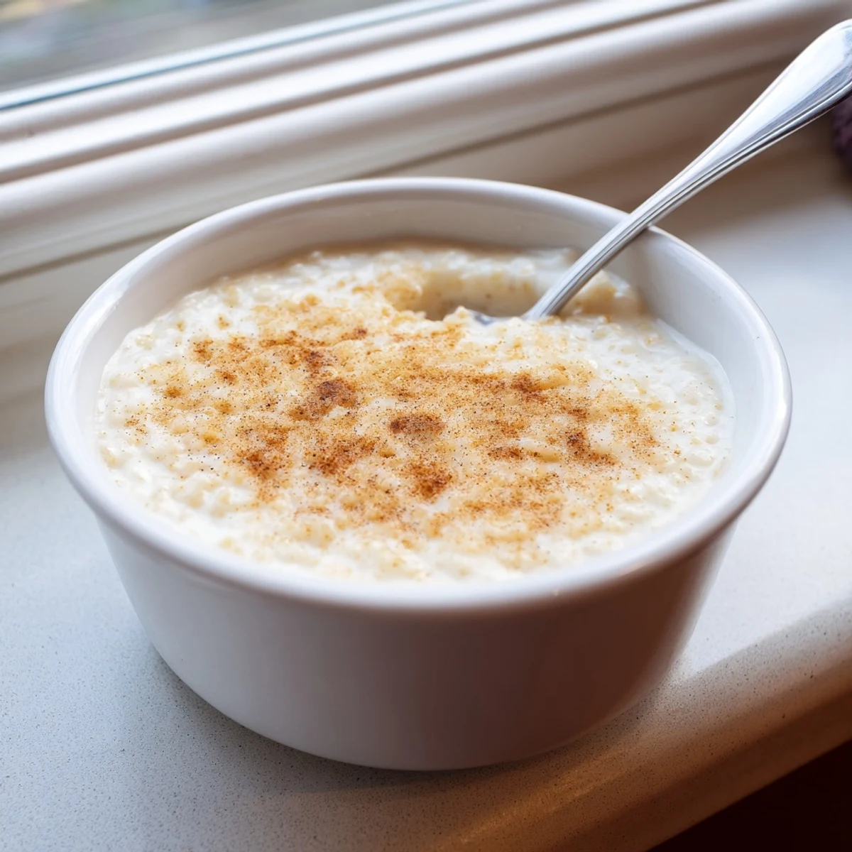 Creamy Portuguese rice custard topped with golden cinnamon sugar in white ramekins