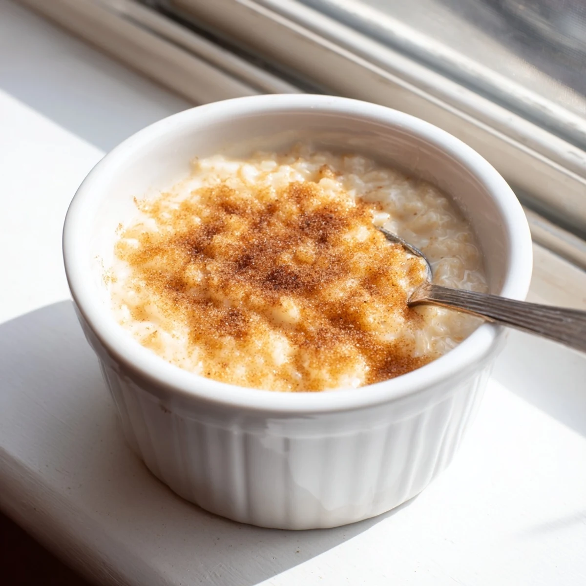 Silky Portuguese rice custard with cinnamon dusting served in individual dessert bowls