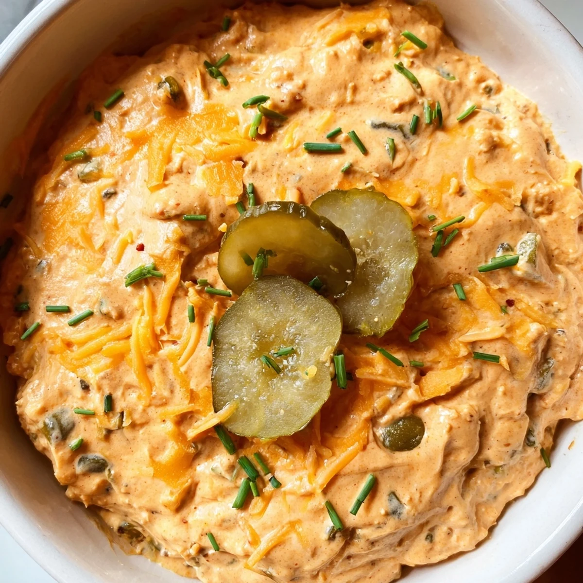 Creamy buffalo pickle dip in a serving bowl surrounded by crispy chips and fresh veggie sticks
