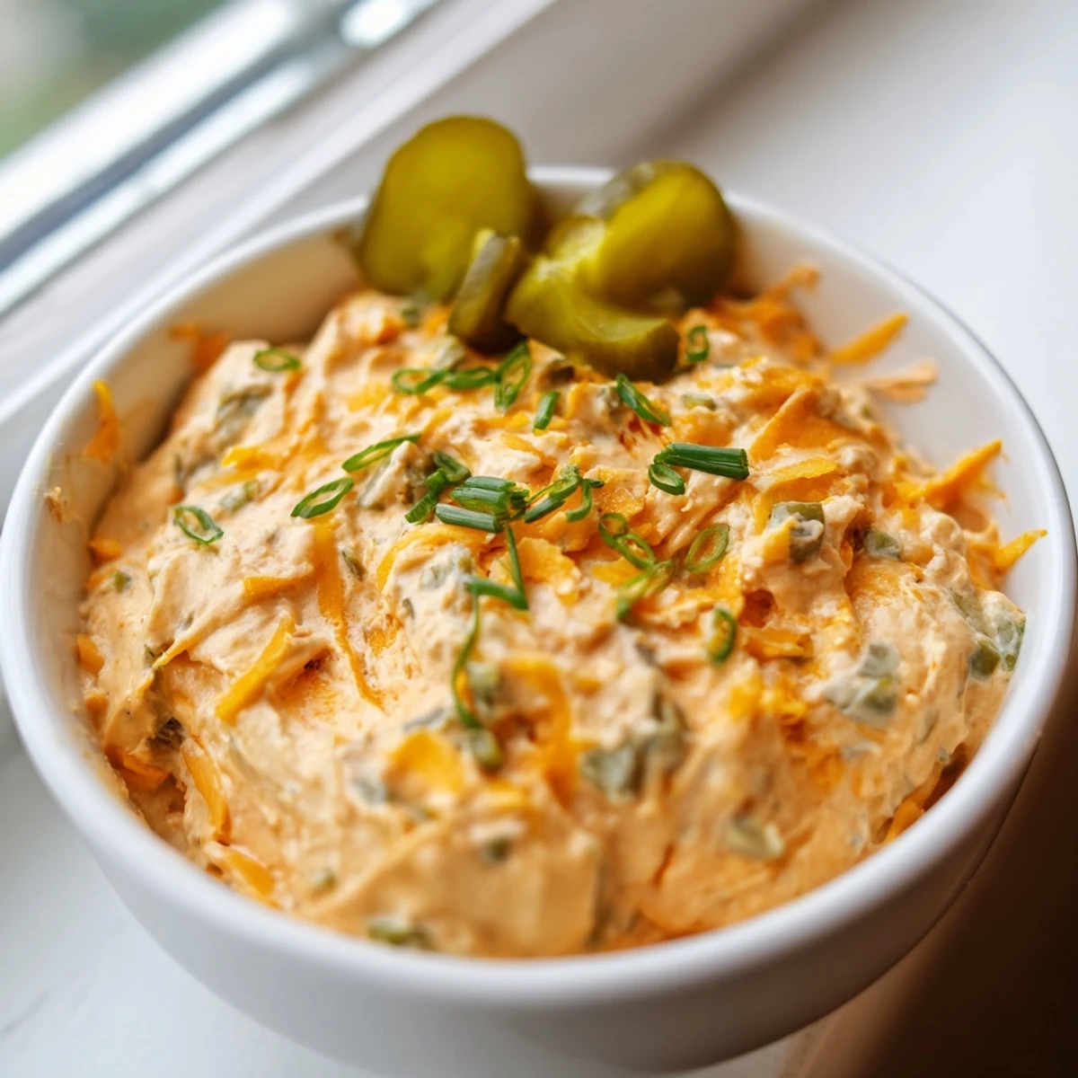 Tangy buffalo pickle dip topped with cheddar cheese and fresh chives on a rustic table