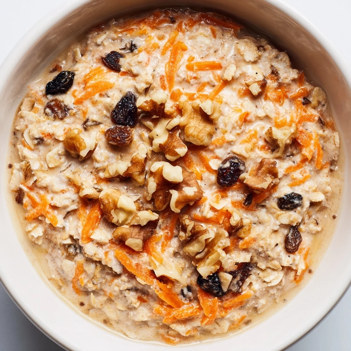 Creamy carrot cake overnight oats in a mason jar topped with crunchy walnuts and a cinnamon dusting