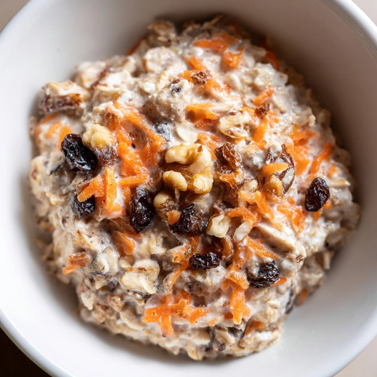 Spoonful of carrot cake overnight oats showing layers of grated carrots, raisins, and tender oats
