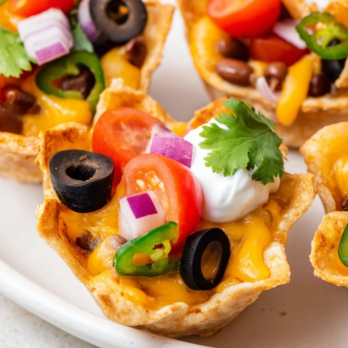 Crispy cheesy nacho cups with melted cheddar and fresh toppings in muffin tin