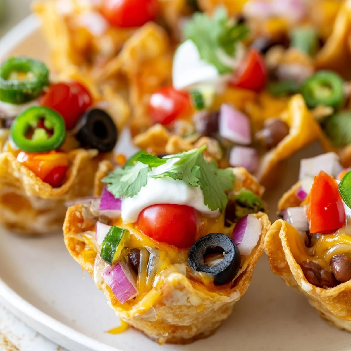 Golden tortilla cups overflowing with gooey cheese and zesty game day nacho toppings