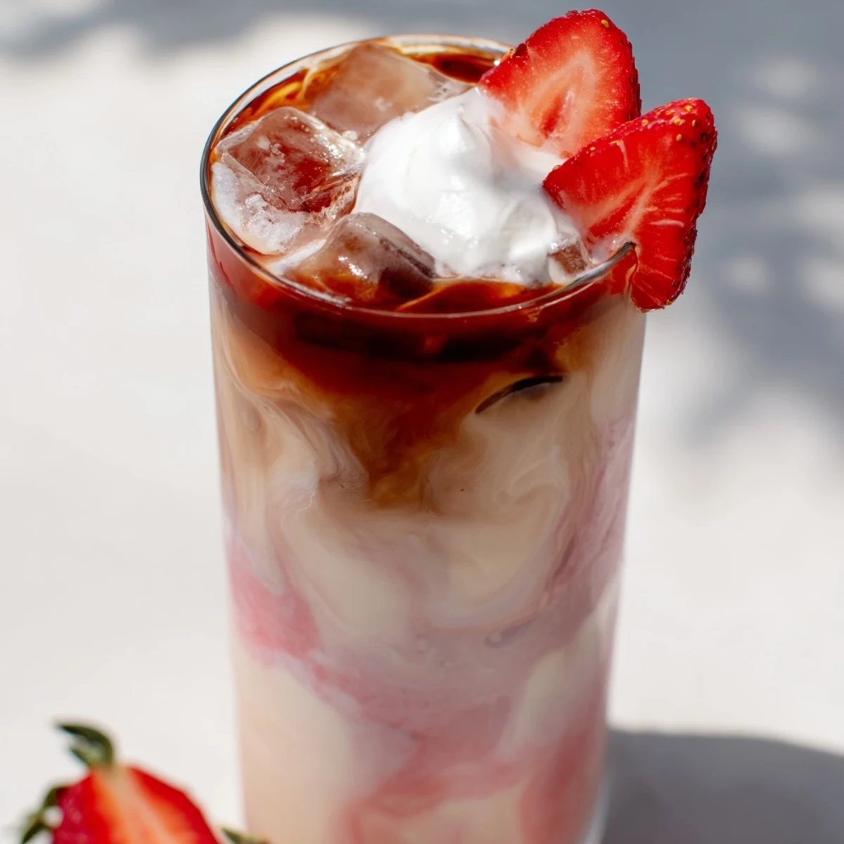 Creamy strawberry cold latte in a tall glass with swirled pink layers and ice