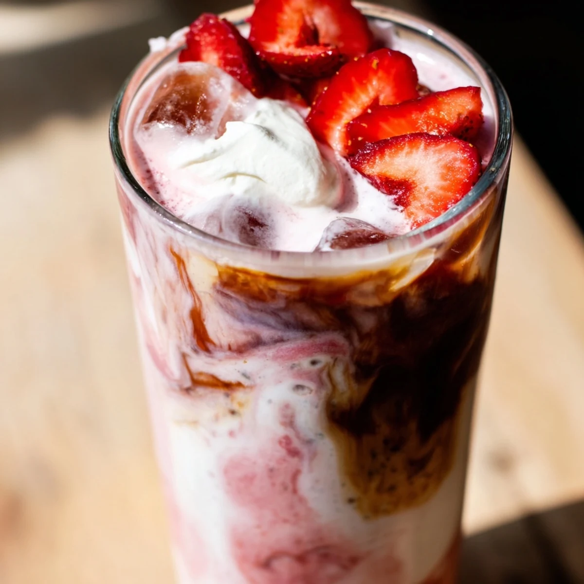 Iced strawberry cream latte topped with whipped cream and fresh berry garnish