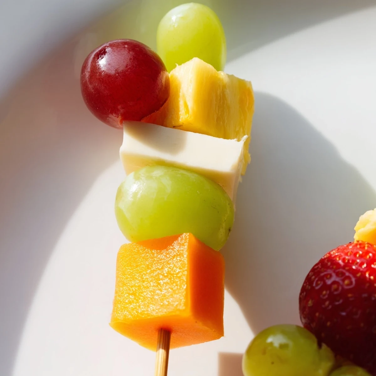 Fruit and cheese kabobs featuring alternating cubes of creamy Monterey Jack and fresh seasonal fruits on skewers