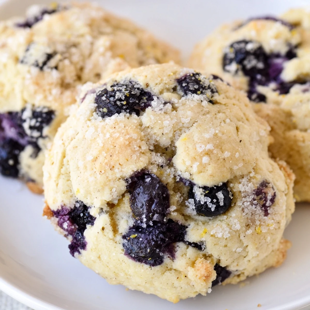 Moist blueberry muffin cookies bursting with fresh berries, topped with sparkling coarse sugar crystals.