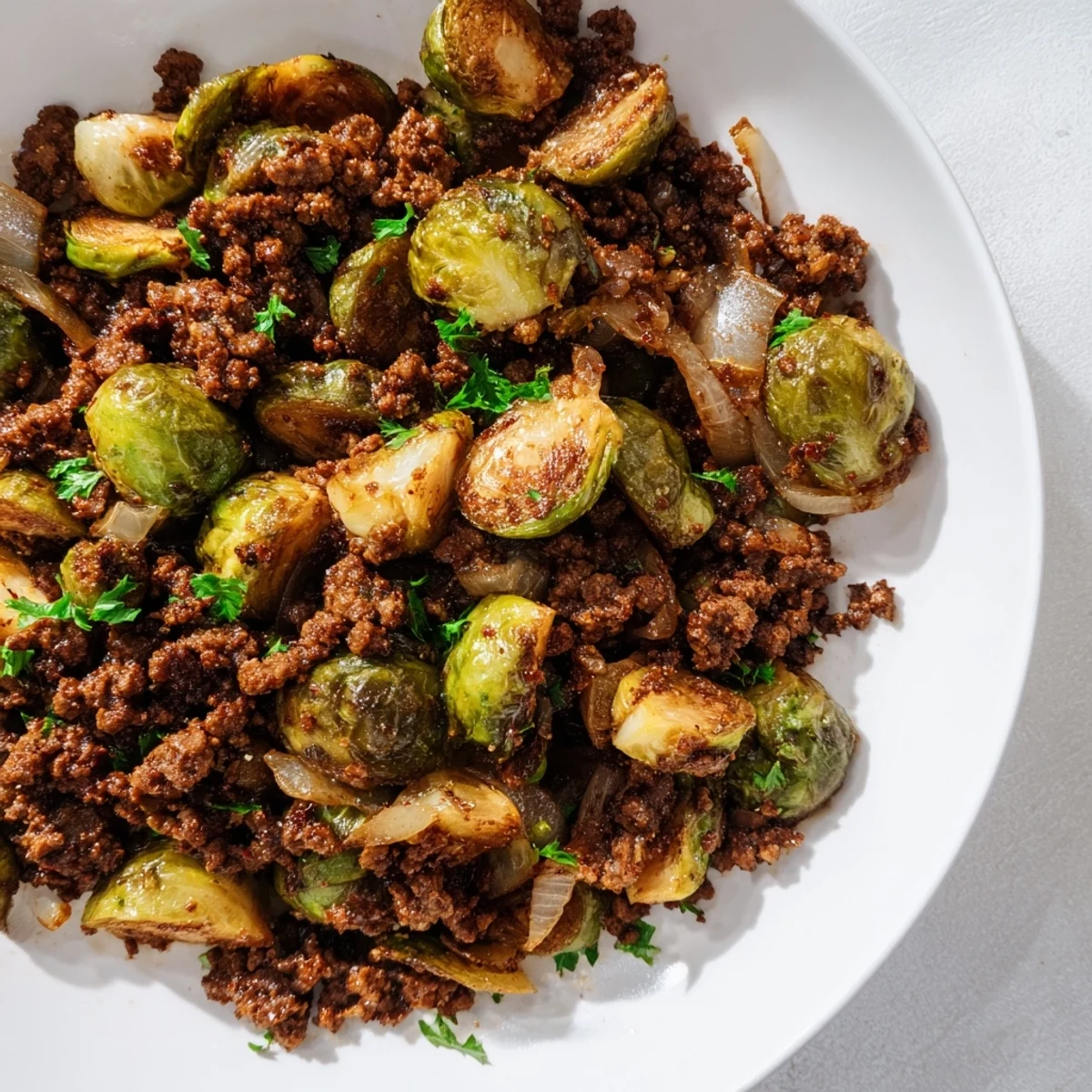 Golden seared ground beef and Brussels sprouts skillet garnished with fresh parsley and Parmesan