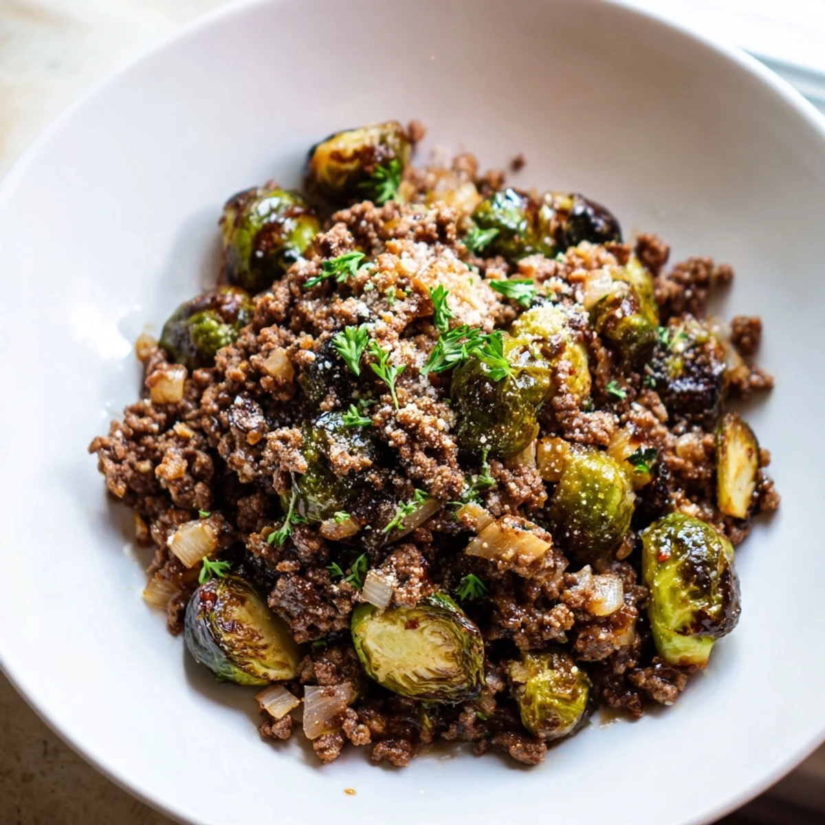 Caramelized Brussels sprouts with savory ground beef in a cast iron skillet dinner