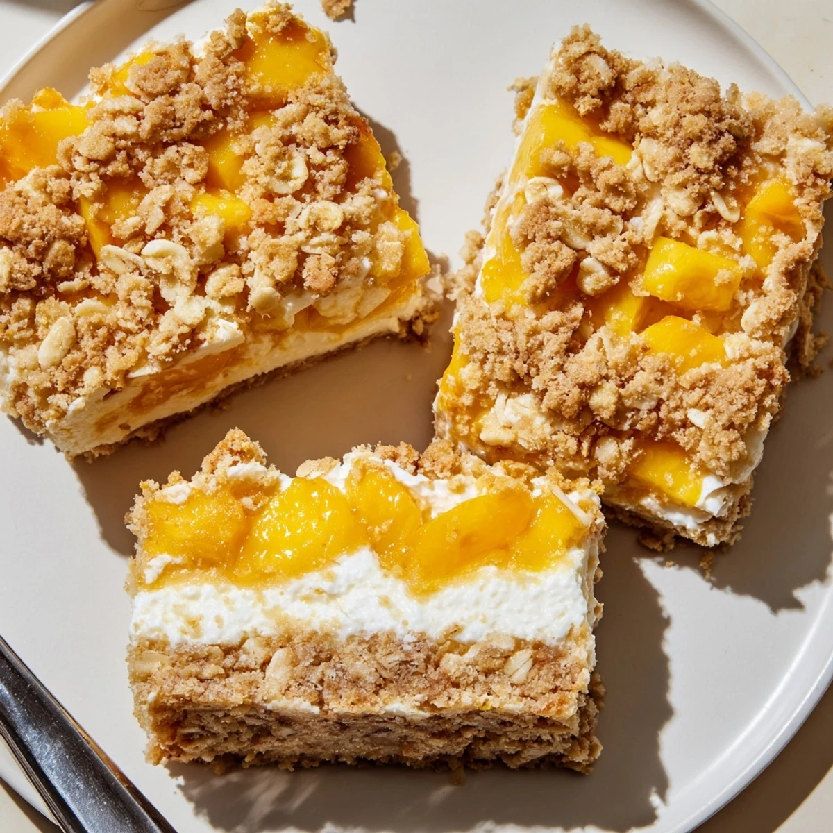 Creamy Peaches And Cream Crumble Bars topped with buttery oat crumble and powdered sugar