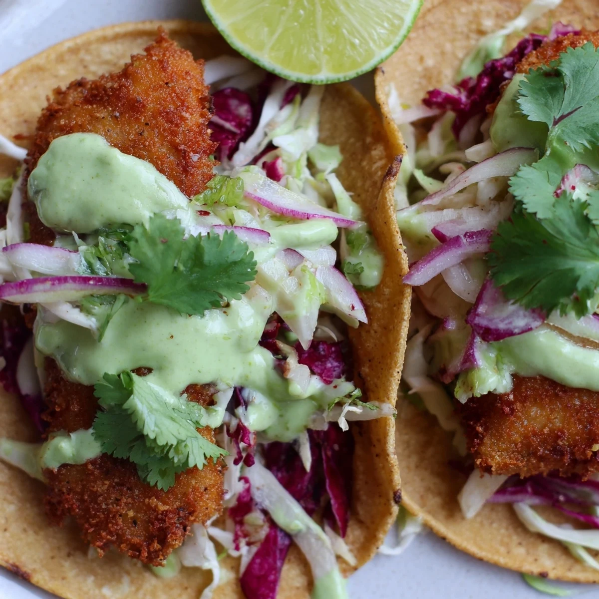 Golden crispy Baja fish tacos with creamy avocado crema drizzled over crunchy cabbage slaw