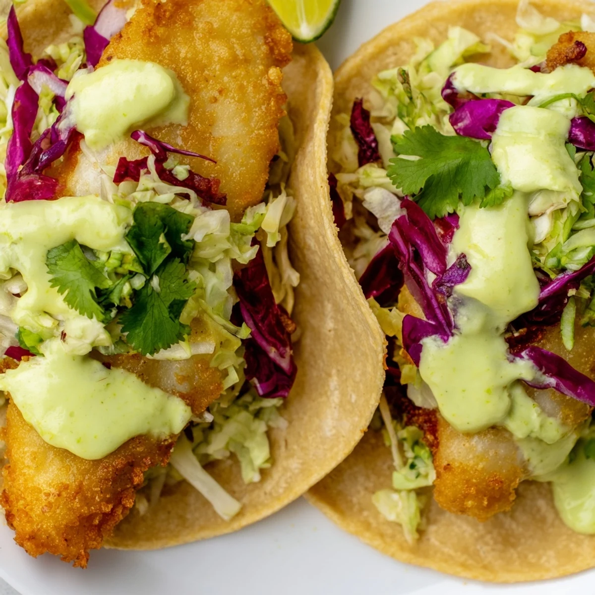 Baja fish tacos topped with fresh slaw and rich avocado crema on warm tortillas