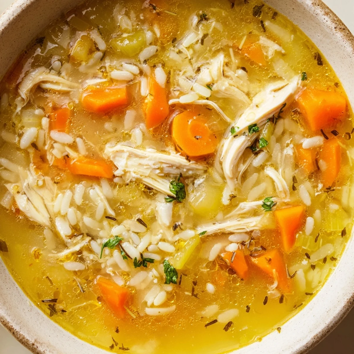 Golden Crockpot Lemon Chicken Soup brimming with tender shredded chicken and bright herbs in a rustic bowl.