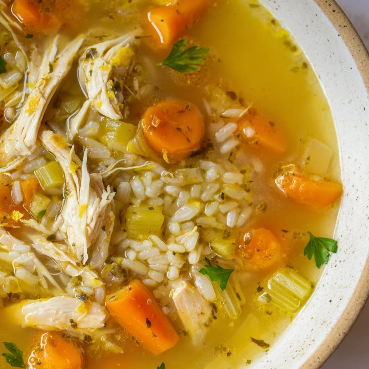 Steaming bowl of Crockpot Lemon Chicken Soup topped with fresh parsley and lemon slices on a cozy table.