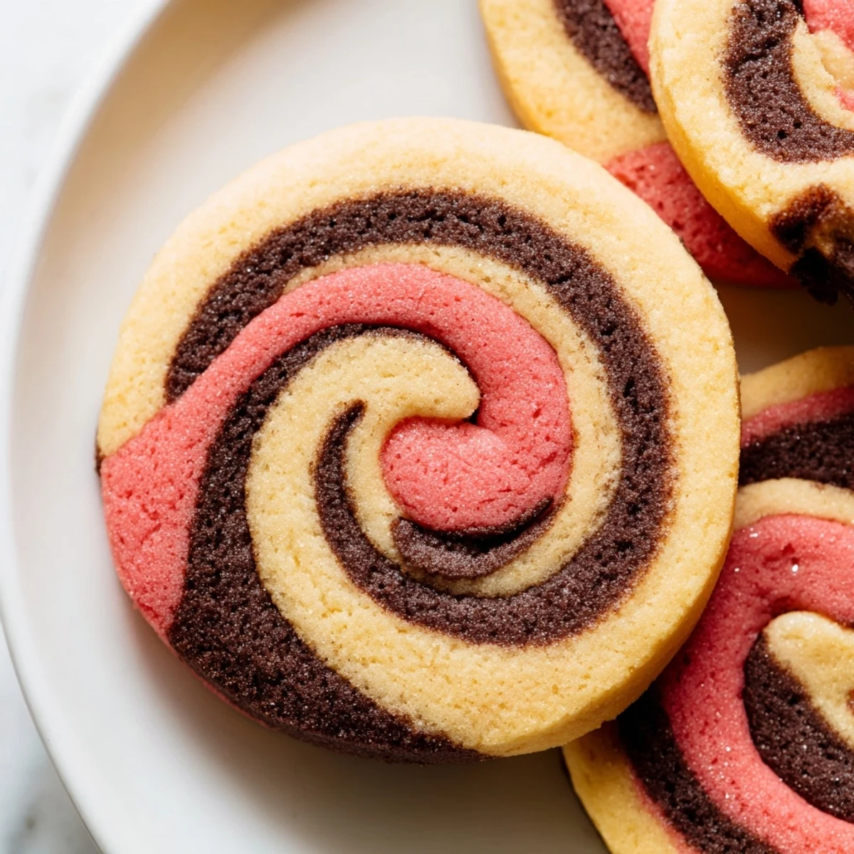 A close-up of Neapolitan Swirl Cookies showing chocolate, vanilla, and pink strawberry spirals on a rustic baking sheet.