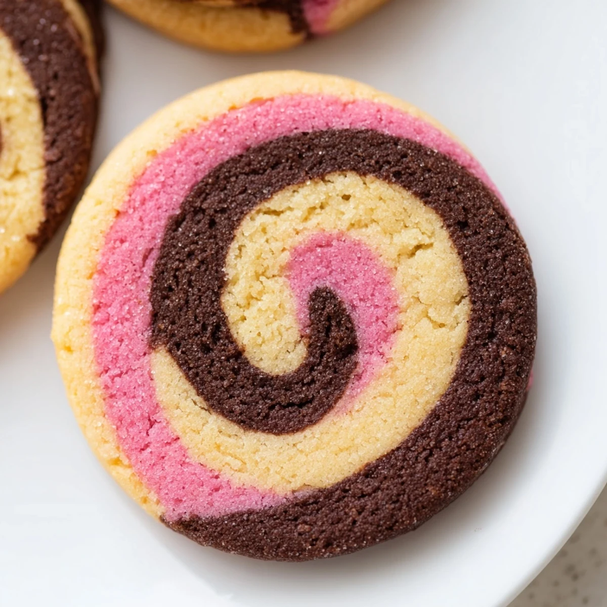 Neapolitan Swirl Cookies sliced into round pieces revealing tri-colored pinwheel dough patterns fresh from the oven.