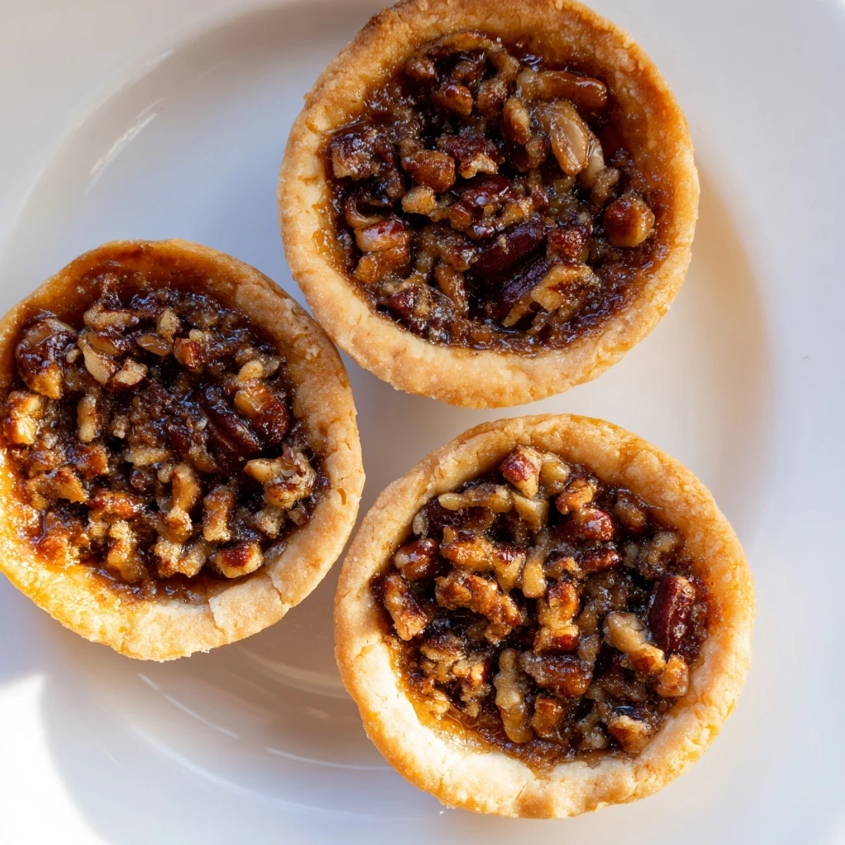 Bite-sized mini pecan pies topped with toasted nuts, arranged on a rustic holiday dessert table