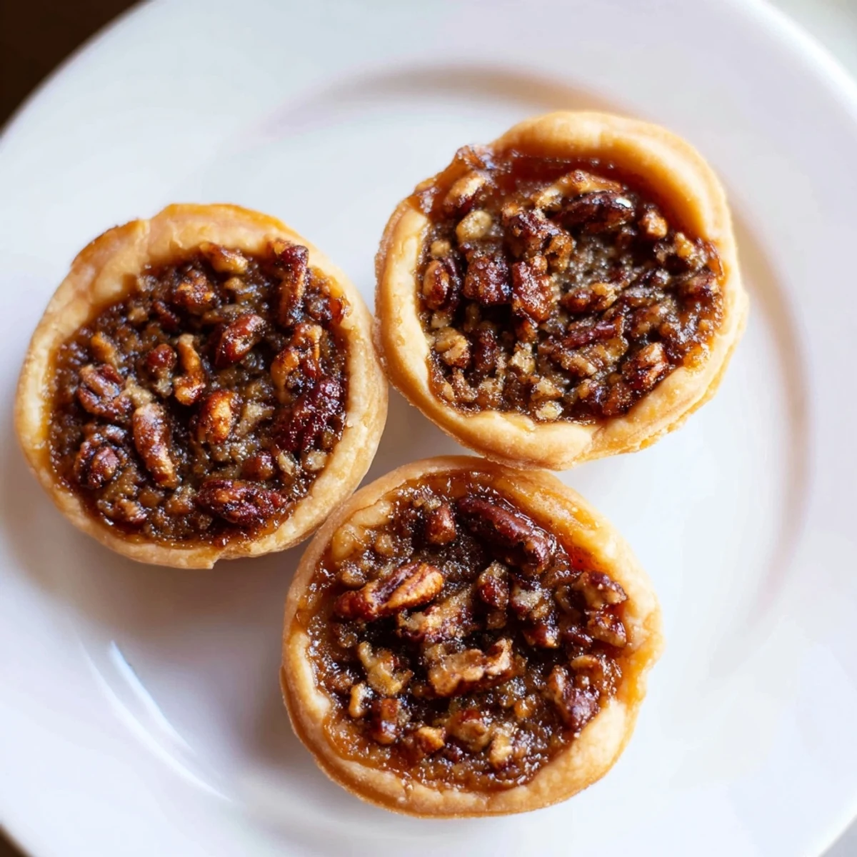 Golden mini pecan pies with gooey caramel filling in flaky butter crusts on a wire rack