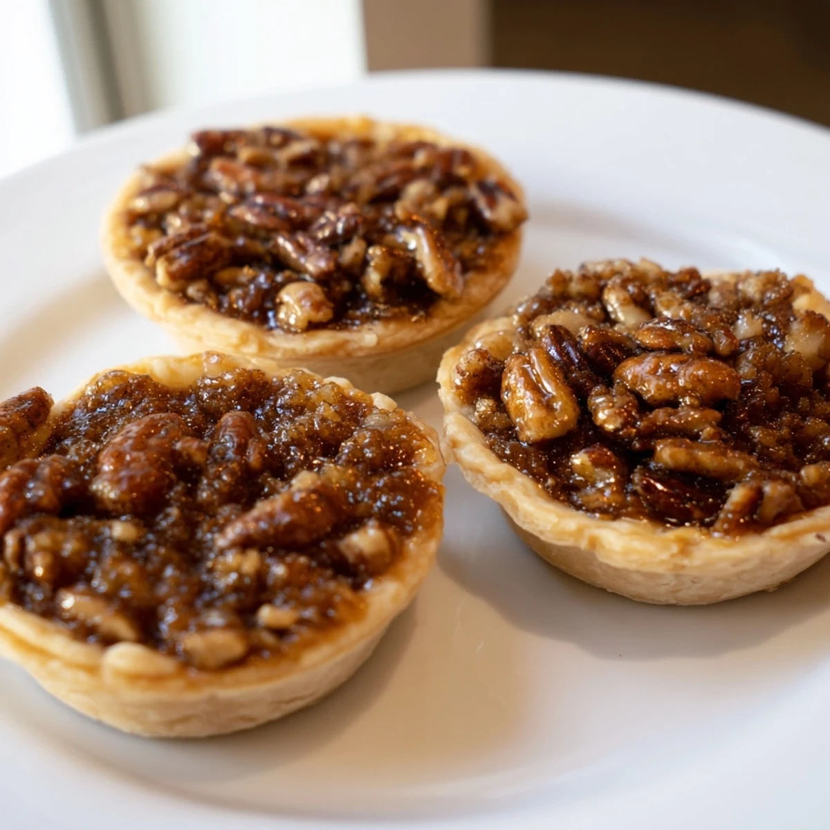 Warm mini pecan pies fresh from the oven, drizzled with whipped cream on a festive platter