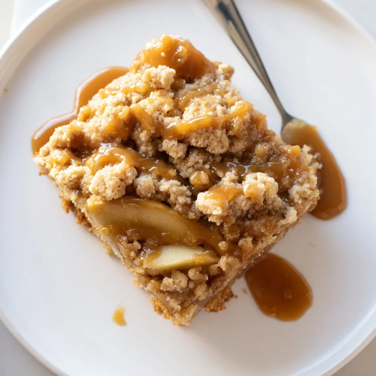 Warm caramel apple crumb bars sliced into squares with gooey spiced apple filling
