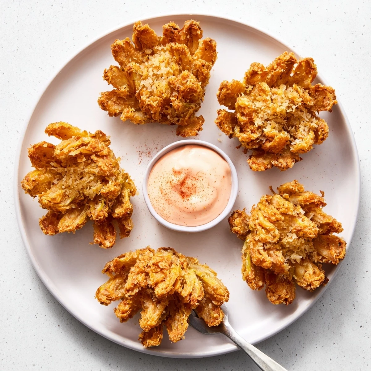 Golden crispy mini bloomin onions served with creamy horseradish dipping sauce on a platter.