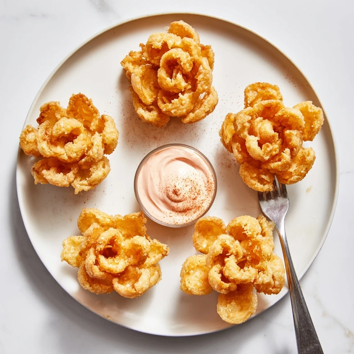 Deep-fried mini bloomin onions recipe showing crunchy golden petals ready for party appetizer plating.