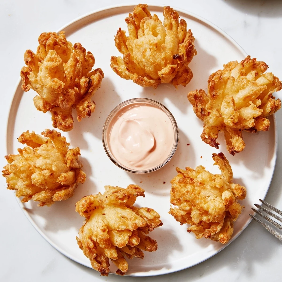 Crispy mini bloomin onions recipe with perfectly browned petals alongside tangy spicy dipping sauce.