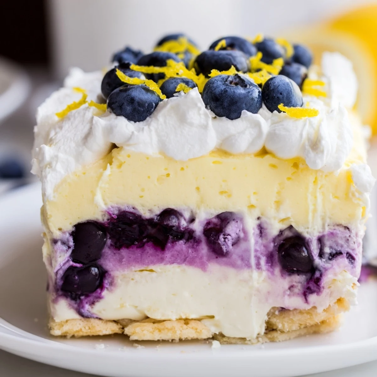 Sliced lemon blueberry lasagna showing creamy layers and a purple berry swirl topping