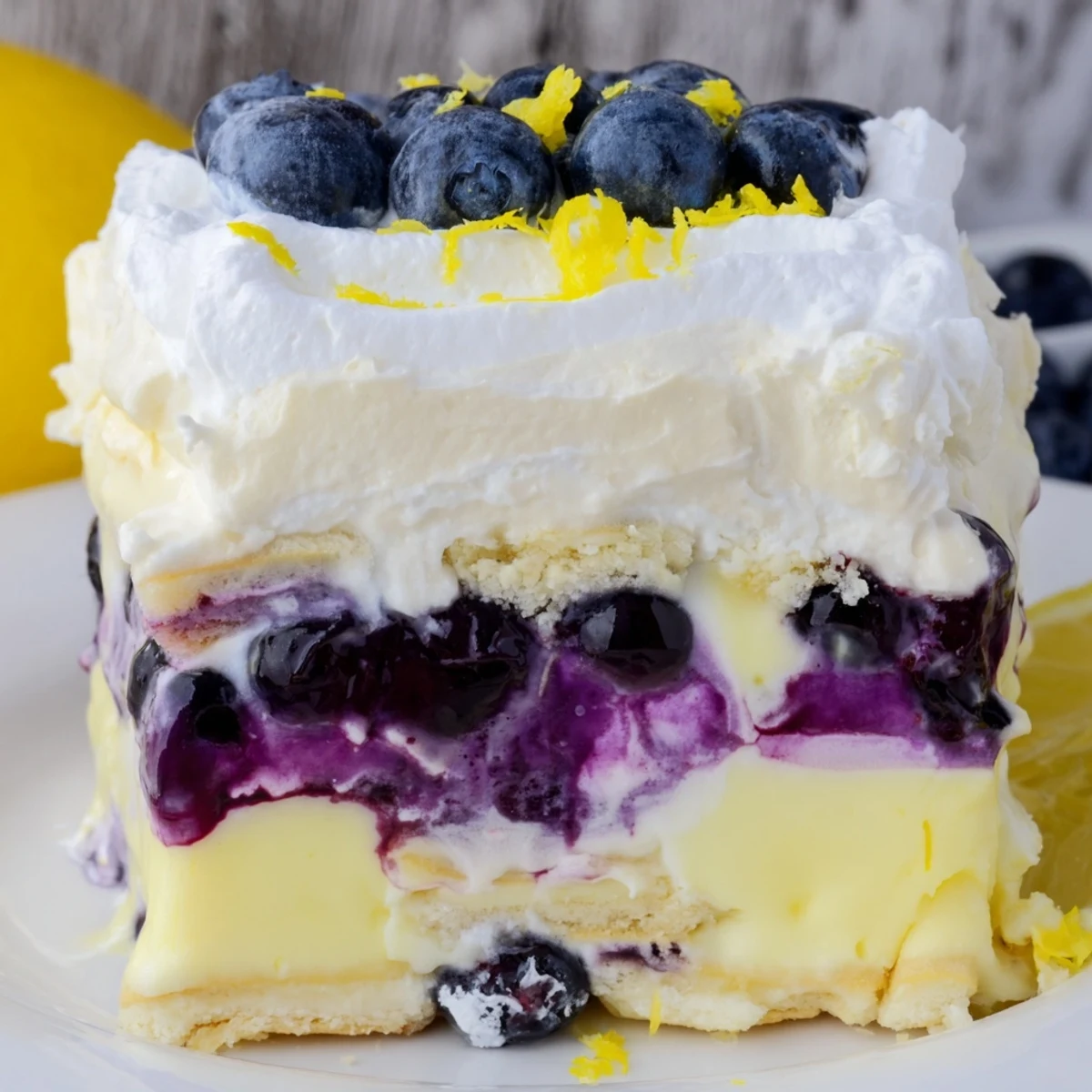 No-bake lemon blueberry lasagna in a glass dish with fluffy whipped cream peaks