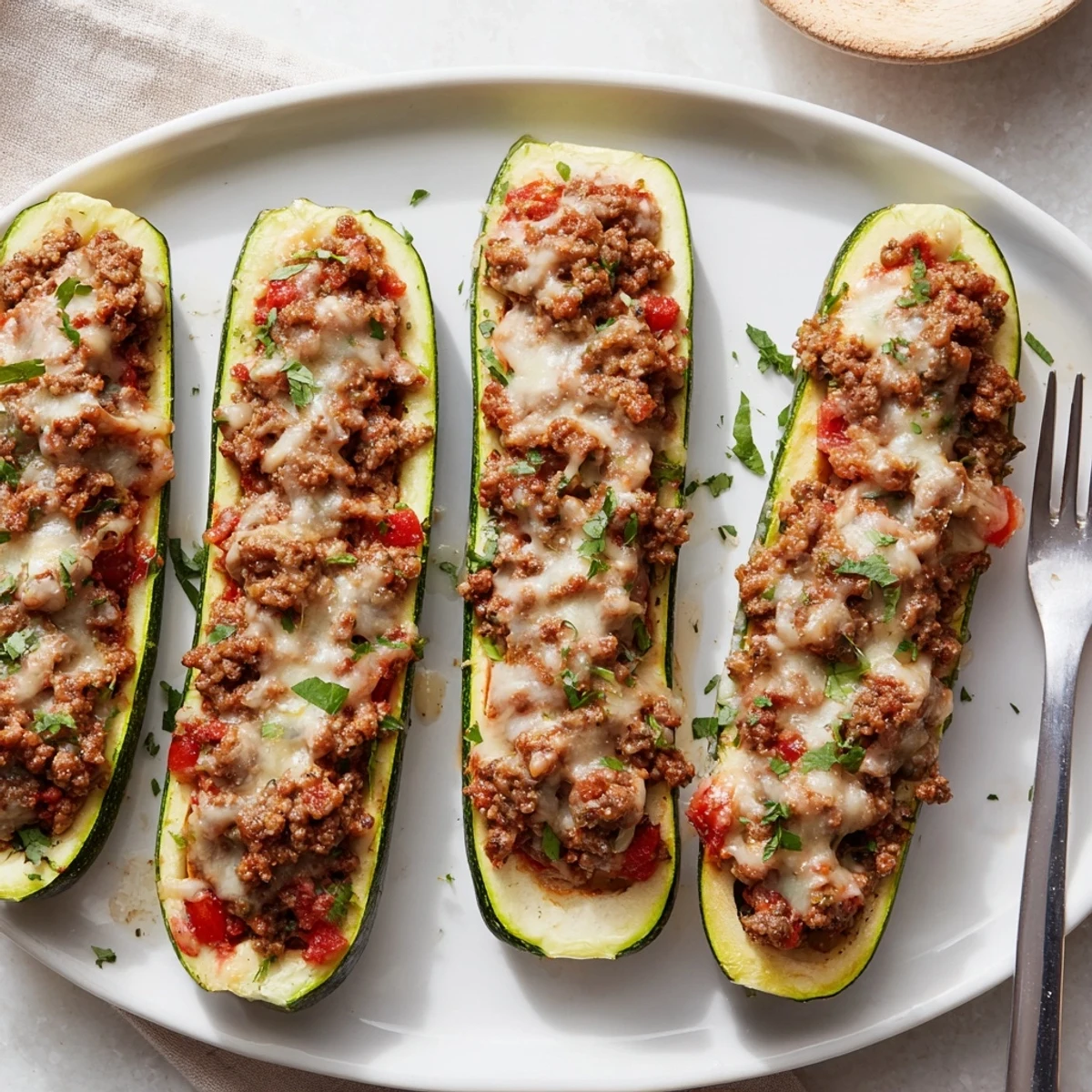 Golden baked stuffed zucchini boats with ground beef and melted mozzarella on a white plate