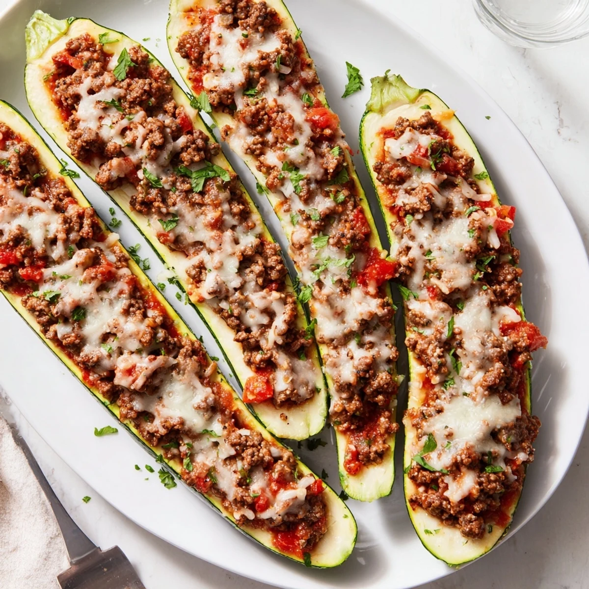 Tender zucchini halves overflowing with savory ground beef filling topped with bubbly browned cheese