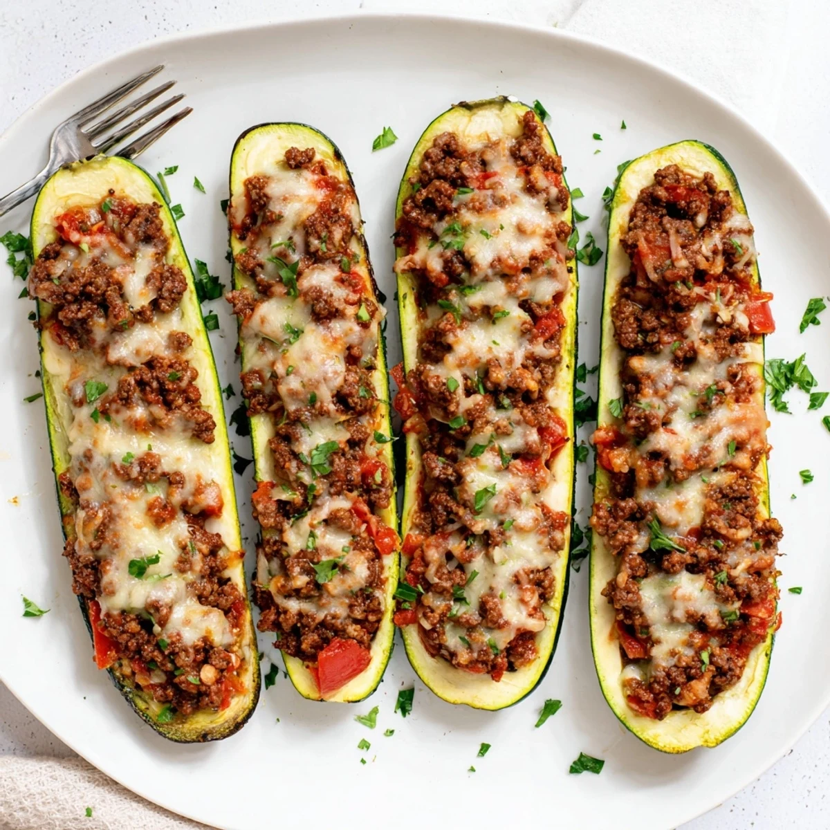 Scooped zucchini boats filled with seasoned ground beef and melted Parmesan fresh from the oven