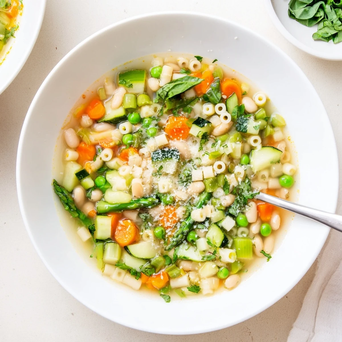 Colorful spring minestrone soup recipe with tender pasta, asparagus, and spinach in a rustic bowl