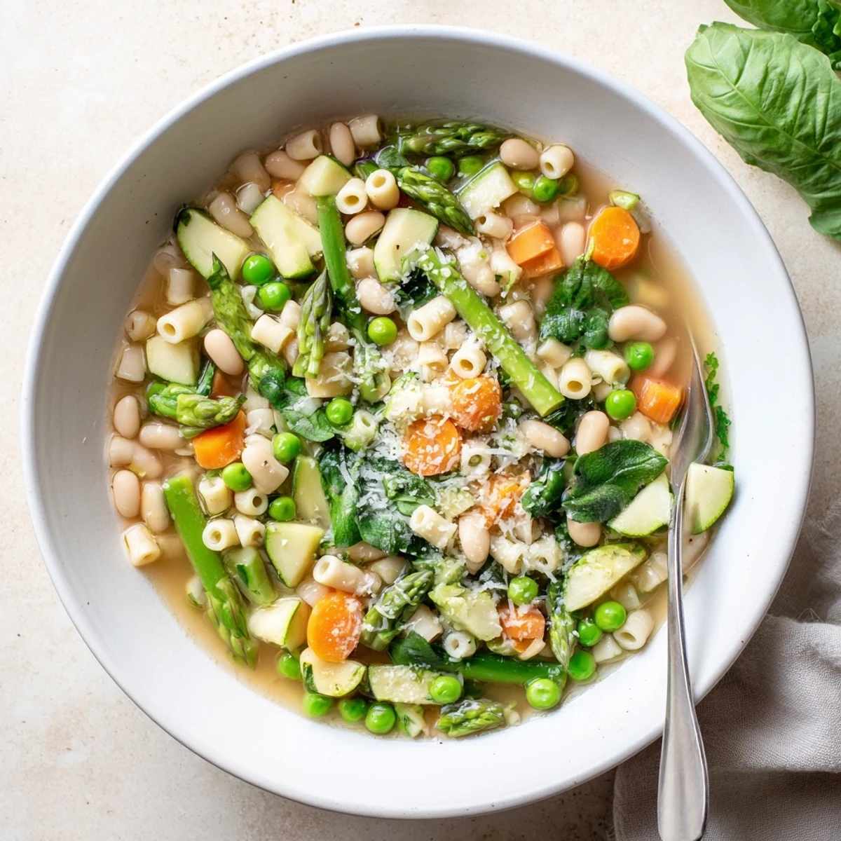 Steaming bowl of spring minestrone soup recipe topped with grated Parmigiano Reggiano and fresh basil