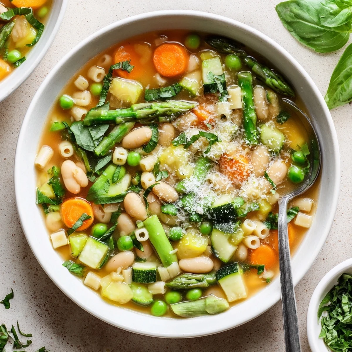 Hearty spring minestrone soup recipe garnished with parsley and served with crusty bread