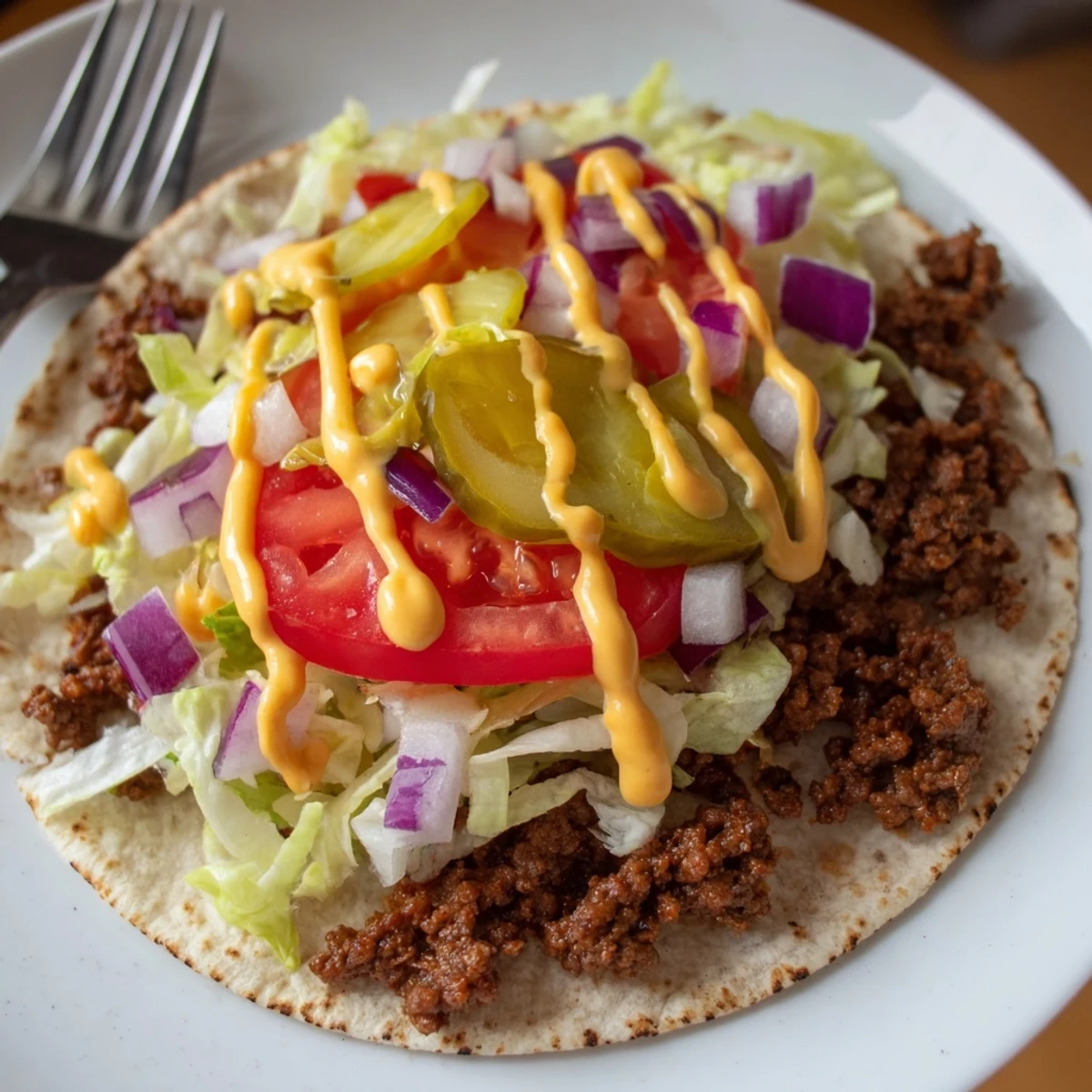 Sizzling smash burger tacos recipe drizzled with creamy sauce and crisp pickles