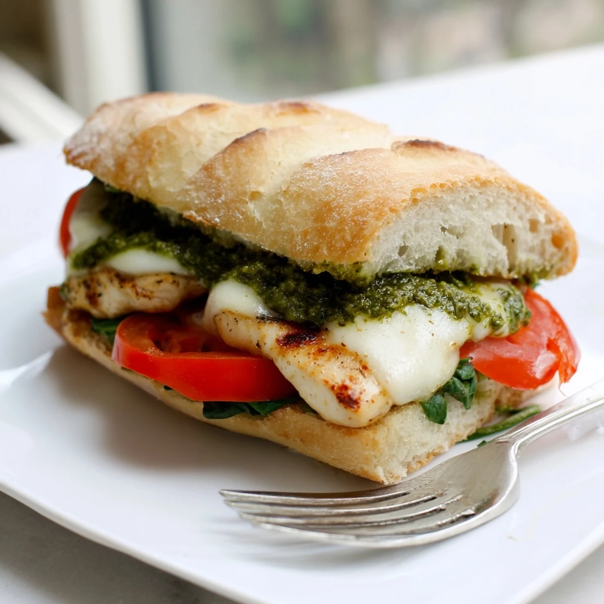 Juicy grilled chicken pesto sandwich with melted mozzarella on toasted ciabatta roll